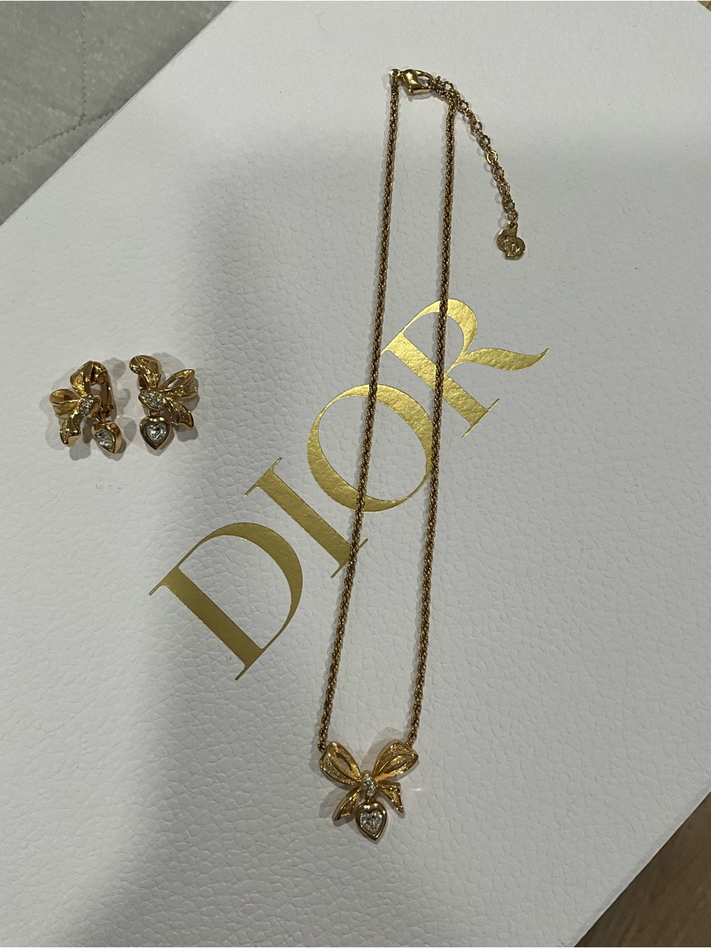 Dior Gold Bow Pendant Necklace with Matching Bow Earrings